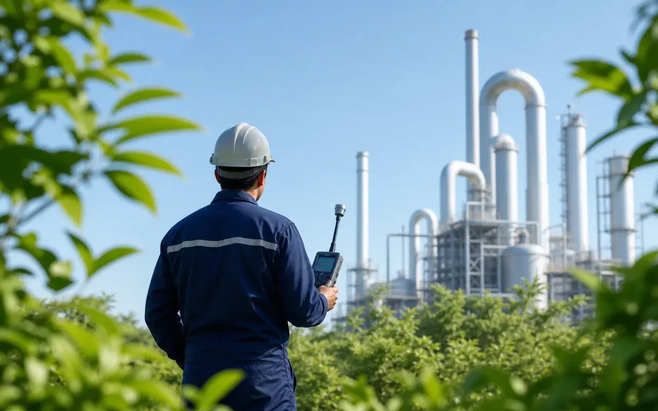 Técnico ambiental de espaldas midiendo emisiones frente a una planta industrial limpia rodeada de vegetación