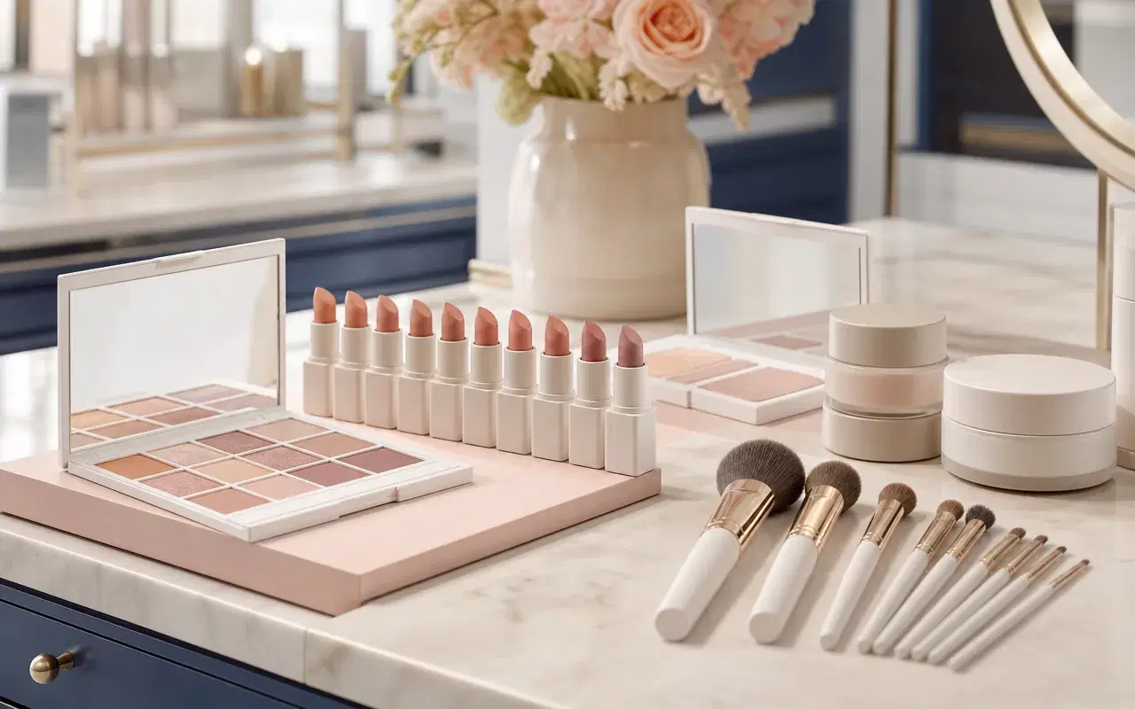 Mostrador de tienda de belleza con paletas de maquillaje, labiales, cremas y brochas en tonos pastel