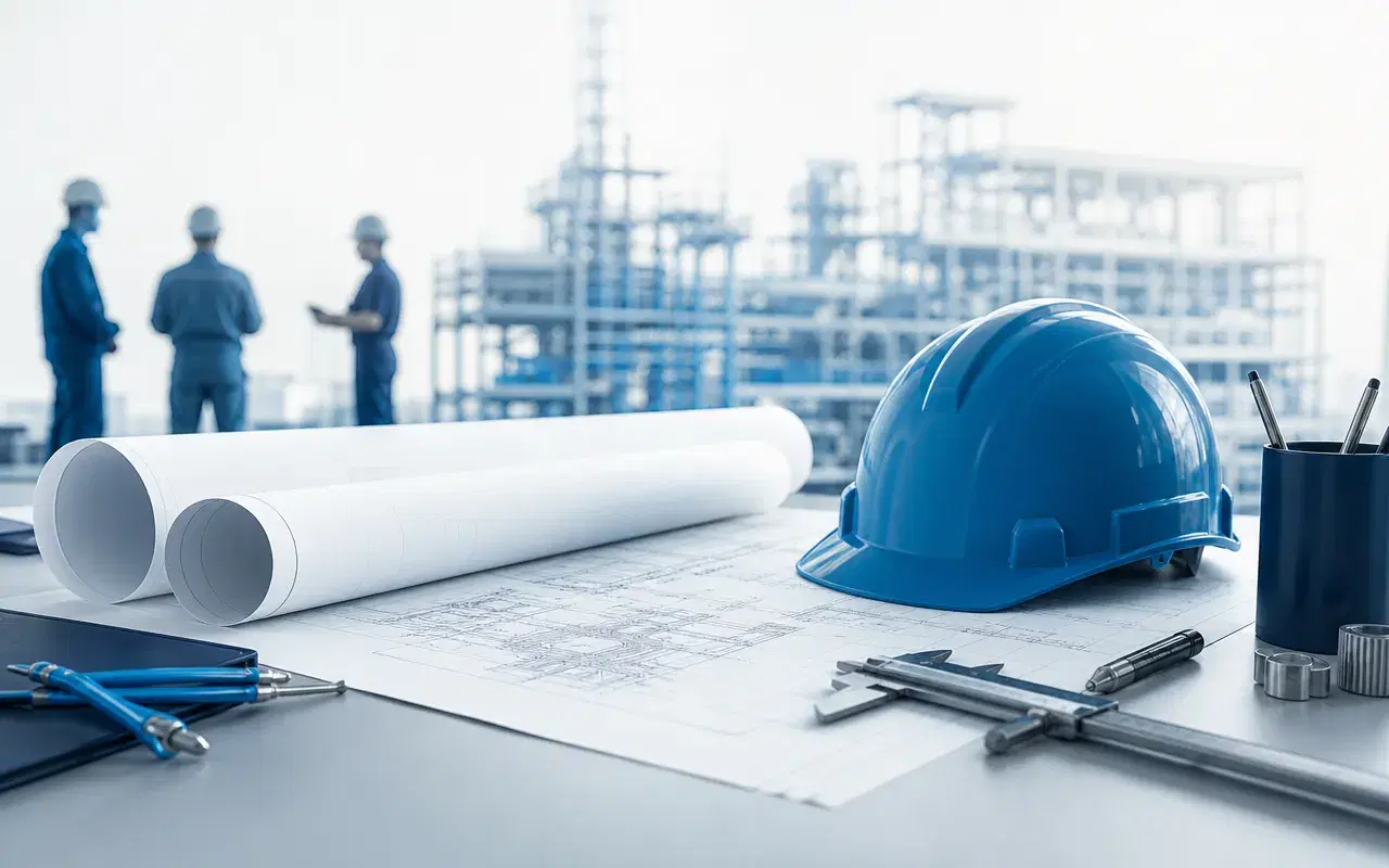 Mesa de trabajo de ingeniería con planos, casco y equipo técnico frente a un proyecto en obra